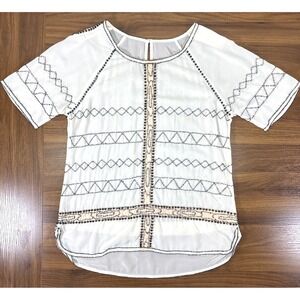 Anthropologie Carnation Lily Lily Rose Ivory Sheer Beaded Short Slv Blouse 8